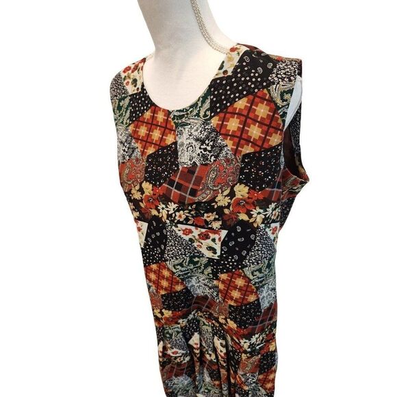70s Inspired Sleeveless Colorful Knee Length Drop Waist Dress L Patchwork Granny - Picture 2 of 6